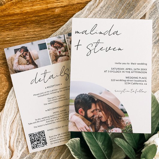 Invitation Noms script arch ivoire 4 photo tout en un mariage