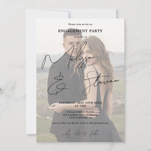 Invitation Noms script calligraphie noir fiançailles photo (Devant)