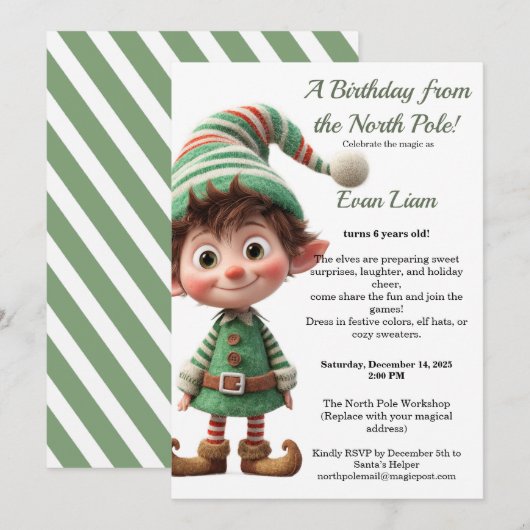 Invitation North Pole Birthday Magic | Enchanted Elf (Devant / Derrière)