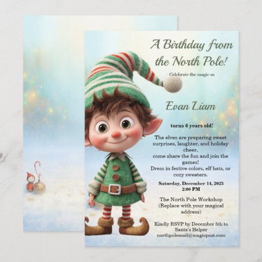 Invitation North Pole Birthday Magic | Enchanted Elf (Devant / Derrière)