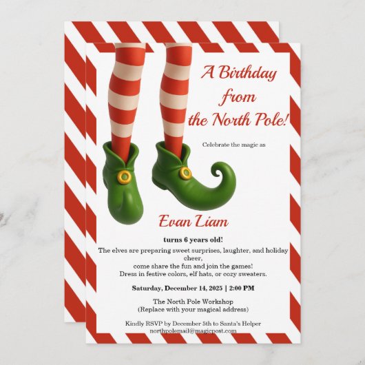 Invitation North Pole Birthday Magic | Enchanted Elf (Devant / Derrière)