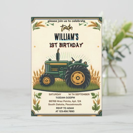 Invitation Nos enfants retro garçon cool tracteur premier 1er (Debout devant)