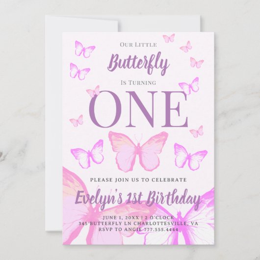 Invitation Nos Petites Filles Papillon Pastel Rose Anniversai (Devant)