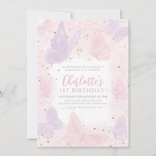 Invitation Nos Petites Filles Papillon Rose Anniversaire (Devant)