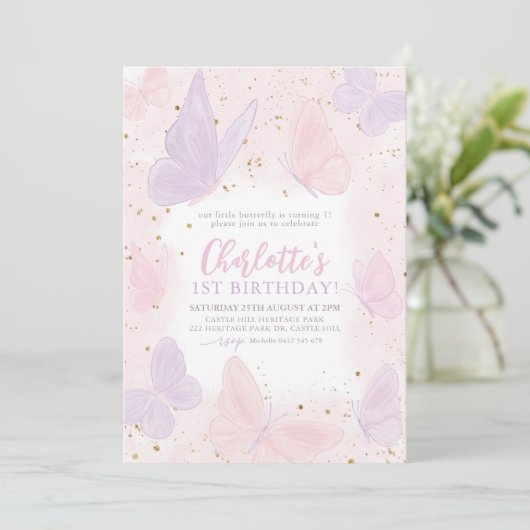 Invitation Nos Petites Filles Papillon Rose Anniversaire (Debout devant)