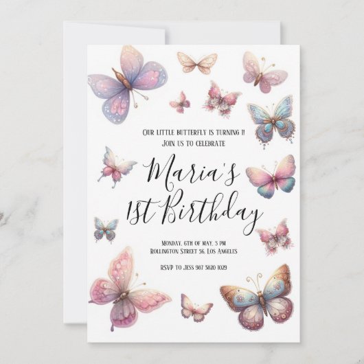 Invitation Nos Petites Filles Papillon Rose Anniversaire (Devant)