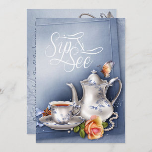 Invitation Nostalgale Blue Tea Party Sip et voir Baby shower