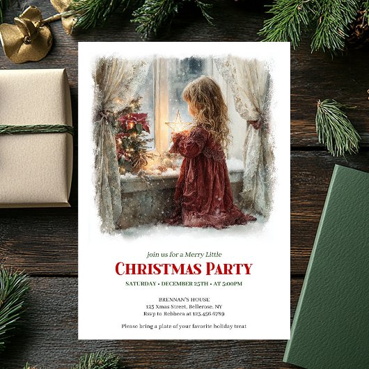 Invitation Nostalgic girl awaits Santa digital Christmas 