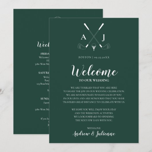 Invitation Note de bienvenue de mariage de golf à monogramme  (Devant / Derrière)