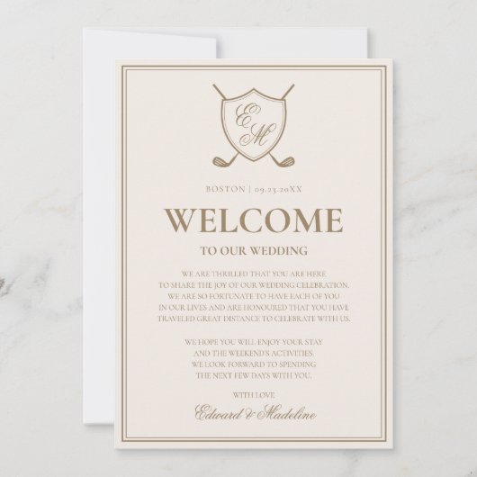 Invitation Note de bienvenue de mariage de golf à monogramme (Devant)
