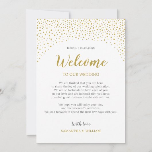 Invitation Note de bienvenue du Mariage Gold Confetti | Chois (Devant)