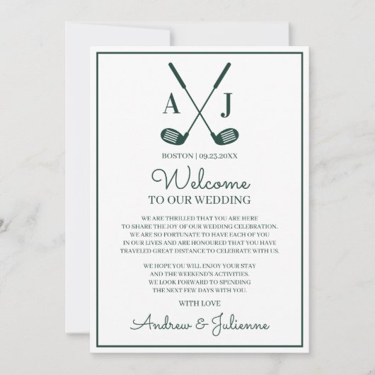 Invitation Note de bienvenue pour un mariage de golf blanc et (Devant)