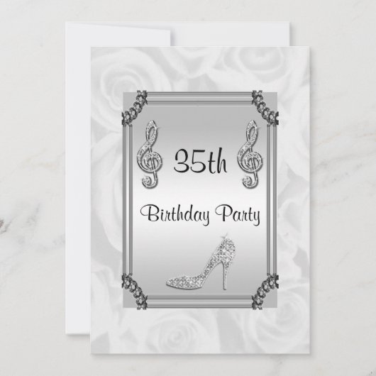 Invitation Note de musique de diamant, stylet et roses blancs (Devant)