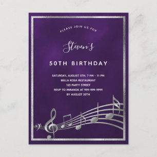 Invitation notes de musique argent violet pour ann