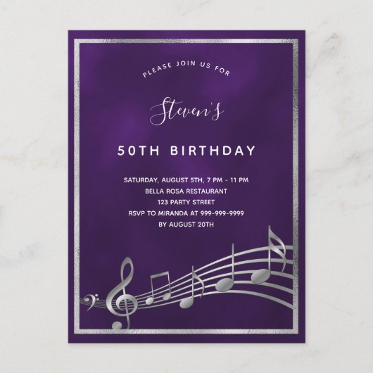 Invitation notes de musique argent violet pour ann (Devant)