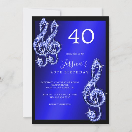 Invitation Notes de musique bleu brillant Anniversaire (Devant)