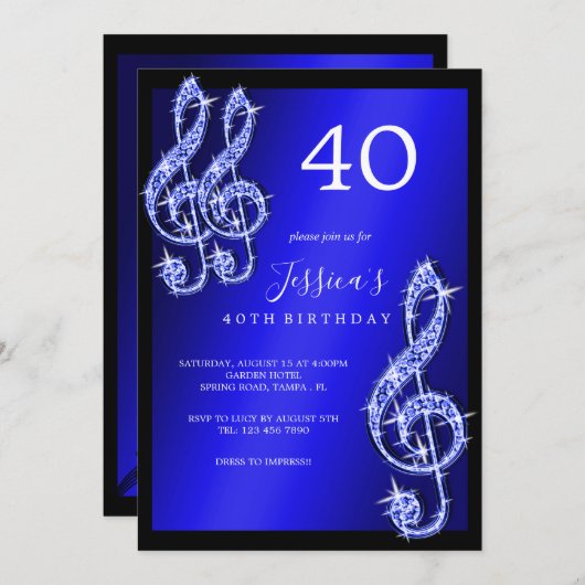 Invitation Notes de musique bleu brillant Anniversaire (Devant / Derrière)