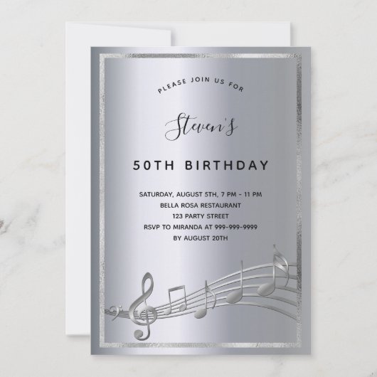 Invitation Notes de musique d'argent d'anniversaire (Devant)