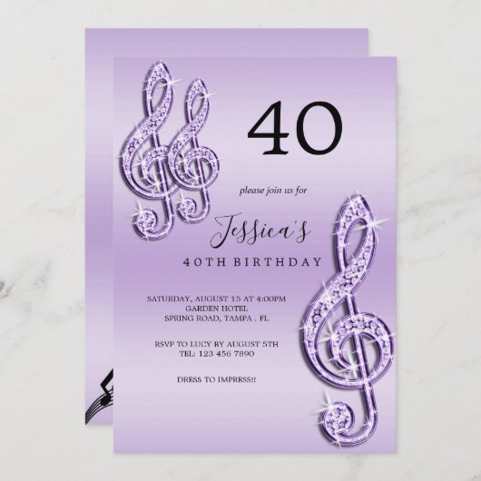 Invitation Notes de musique Lilac Glitzy Anniversaire (Devant / Derrière)