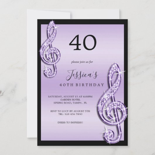 Invitation Notes de musique Lilac Glitzy Anniversaire (Devant)