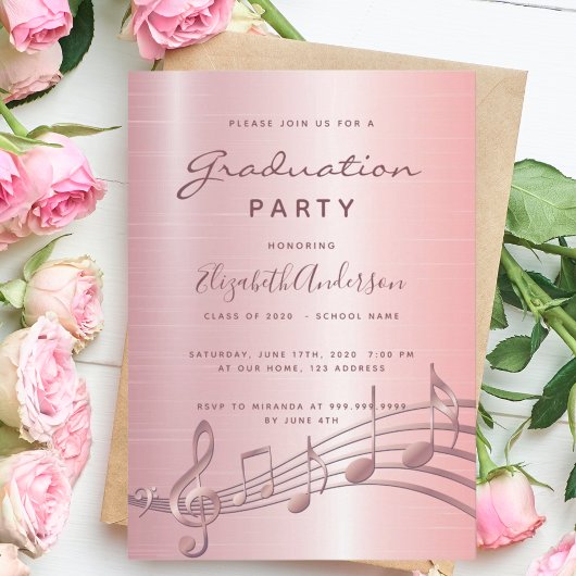 Invitation Notes de musique rose pâle de la fête de graduatio