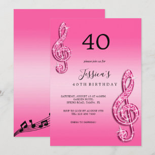 Invitation Notes de Musique Roses Étincelantes Anniversaire