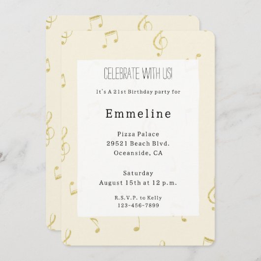 Invitation Notes musicales à la crème blanche Anniversaire br (Devant / Derrière)
