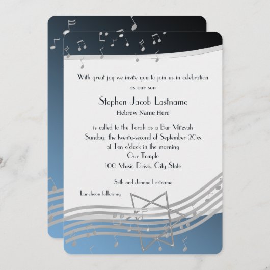 Invitation Notes musicales Bar Mitzvah Silver et Blue (Devant / Derrière)