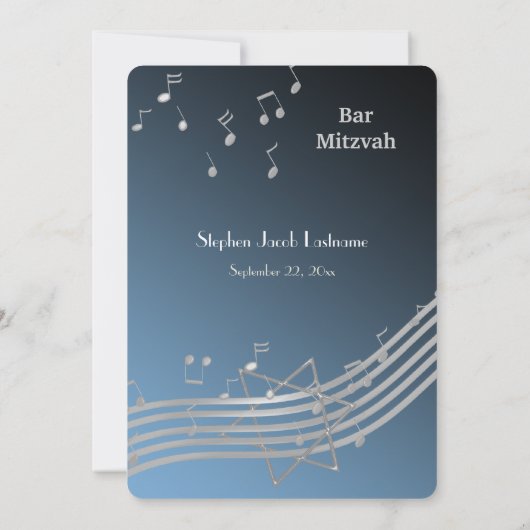 Invitation Notes musicales Bar Mitzvah Silver et Blue (Dos)