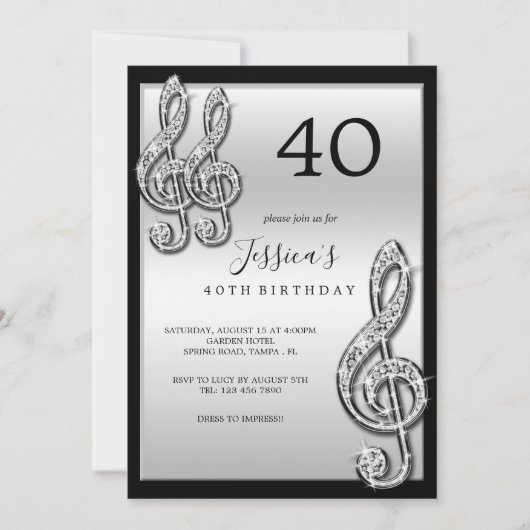 Invitation Notes musicales d'argent glitzy Anniversaire (Devant)