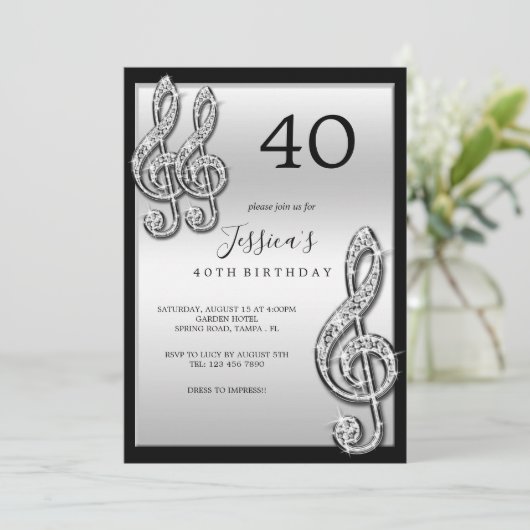 Invitation Notes musicales d'argent glitzy Anniversaire (Debout devant)
