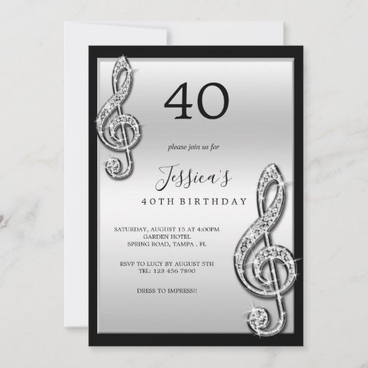Invitation Notes musicales d'argent glitzy Anniversaire (Devant)