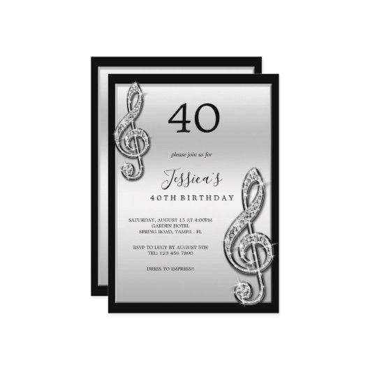 Invitation Notes musicales d'argent glitzy Anniversaire (Devant/Arrière en situation)