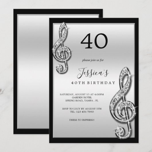 Invitation Notes musicales d'argent glitzy Anniversaire (Devant / Derrière)