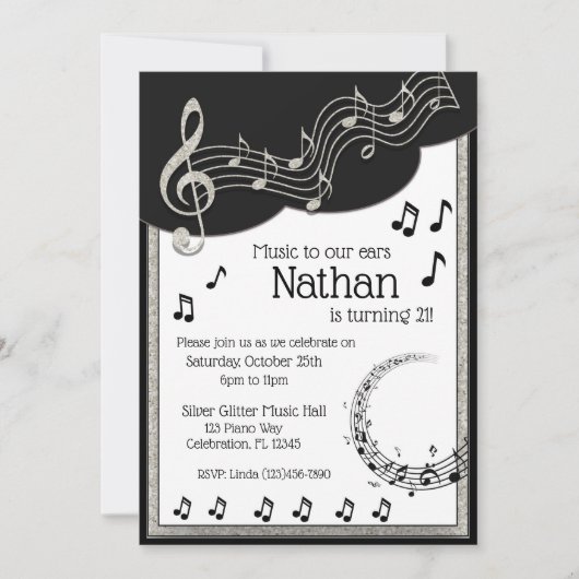 Invitation Notes musicales en noir et blanc brillant Annivers (Devant)