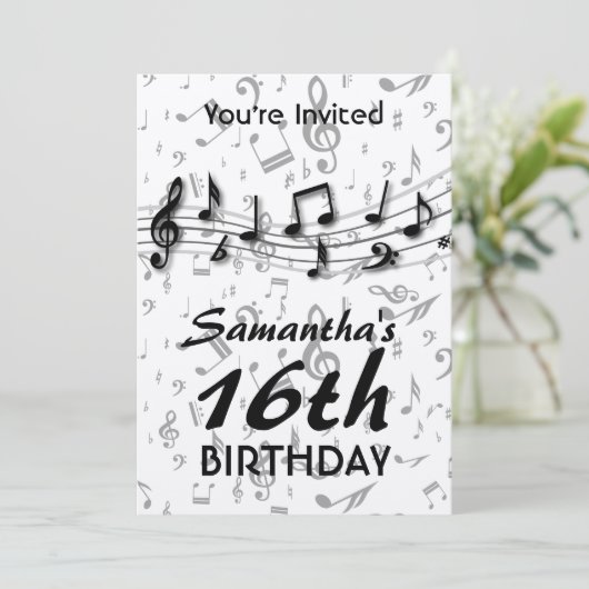 Invitation Notes musicales en noir et gris pour la fête d'ann (Debout devant)