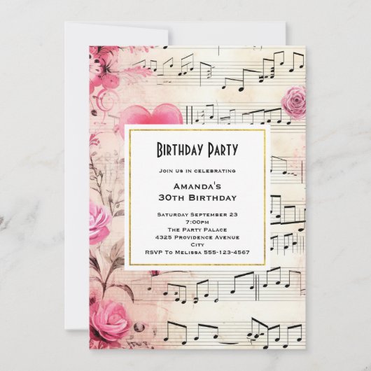 Invitation Notes musicales et Rose Design Vintage Anniversair (Devant)