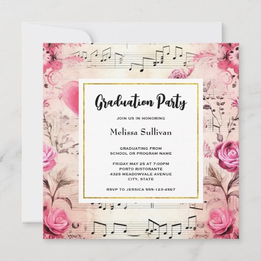 Invitation Notes musicales et Rose Vintage Design Graduation (Devant)