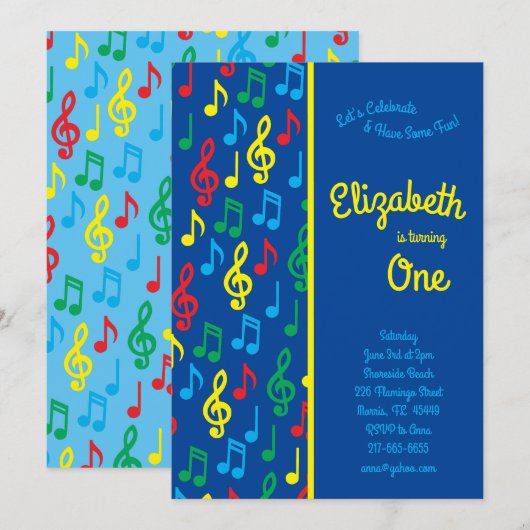 Invitation Notes musicales Jote Kids 1er anniversaire fête (Devant / Derrière)