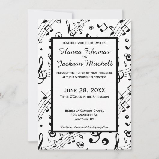 Invitation Notes musicales Noir et Blanc moderne (Devant)