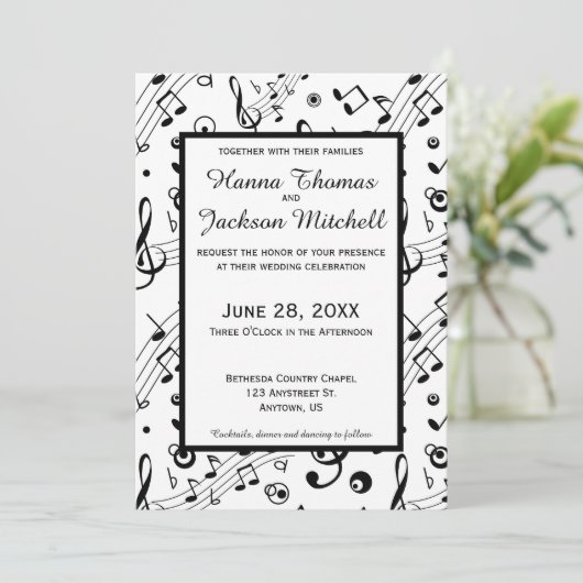 Invitation Notes musicales Noir et Blanc moderne (Debout devant)