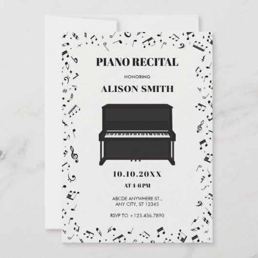 Invitation notes musicales pour piano (Devant)