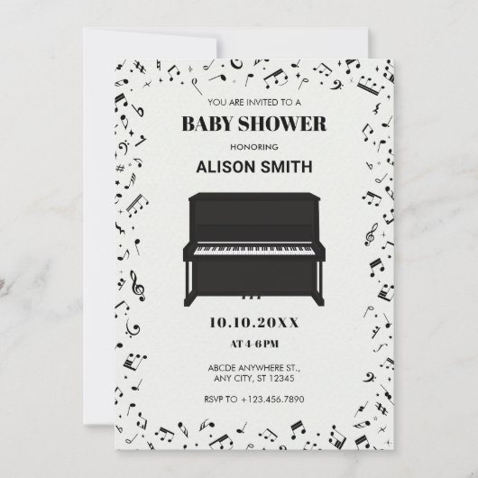 Invitation Notes musicales pour piano baby shower (Devant)