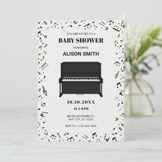 Invitation Notes musicales pour piano baby shower (Debout devant)