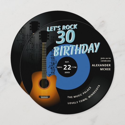 Invitation Notes musicales Rock Guitar Blue 30th Birthday (Devant / Derrière)