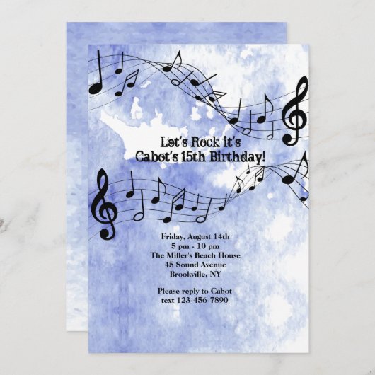 Invitation Notes musicales sur le Arrière - plan bleu (Devant / Derrière)