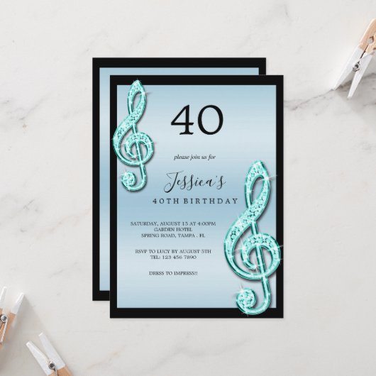 Invitation Notes musicales Turquoises Glitzy Anniversaire (Devant/Arrière en situation)