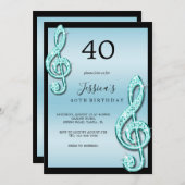 Invitation Notes musicales Turquoises Glitzy Anniversaire (Devant / Derrière)