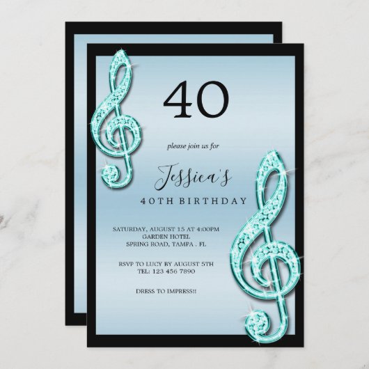 Invitation Notes musicales Turquoises Glitzy Anniversaire (Devant / Derrière)