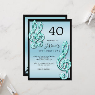 Invitation Notes musicales Turquoises Glitzy Anniversaire